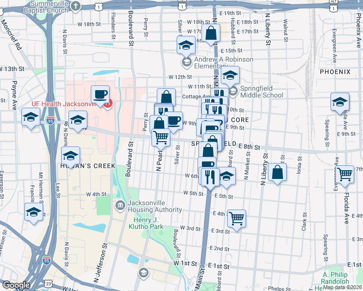 map of restaurants, bars, coffee shops, grocery stores, and more near 153 7th Street West in Jacksonville