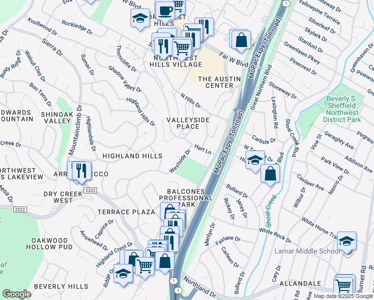 map of restaurants, bars, coffee shops, grocery stores, and more near 3402 Westside Cove in Austin
