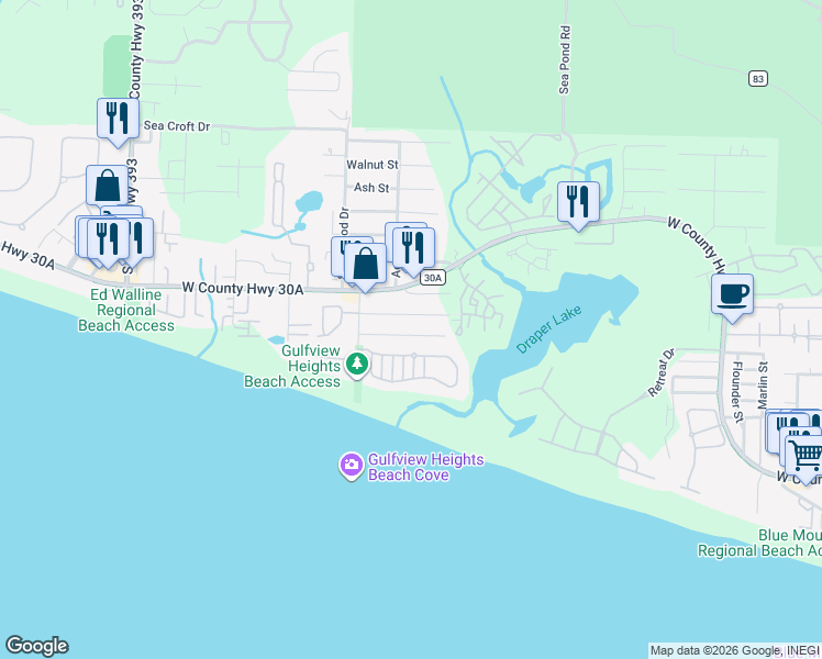 map of restaurants, bars, coffee shops, grocery stores, and more near 161 Old Beach Road in Santa Rosa Beach