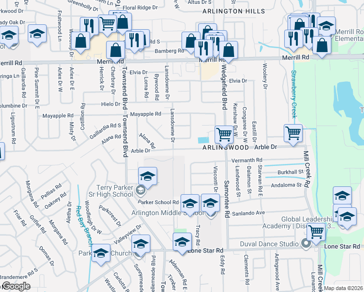 map of restaurants, bars, coffee shops, grocery stores, and more near 2435 Lansdowne Drive in Jacksonville