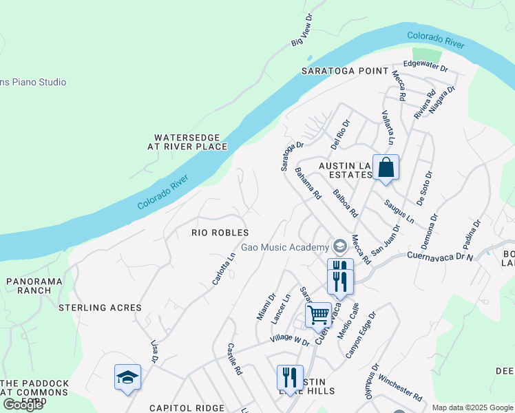 map of restaurants, bars, coffee shops, grocery stores, and more near 10104 Vista Del Sol Street in Austin