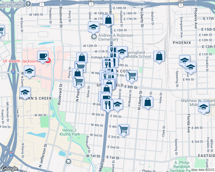 map of restaurants, bars, coffee shops, grocery stores, and more near in Jacksonville
