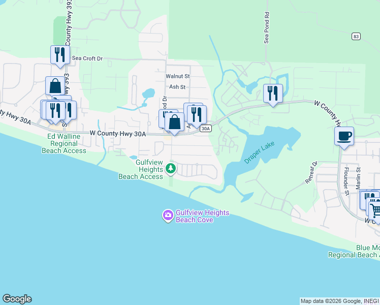 map of restaurants, bars, coffee shops, grocery stores, and more near 73 Old Beach Road in Santa Rosa Beach