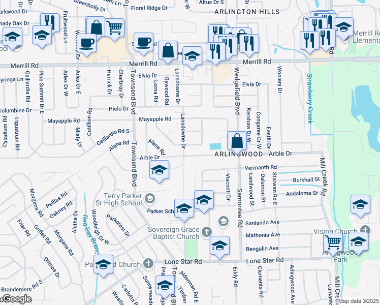map of restaurants, bars, coffee shops, grocery stores, and more near 2435 Lansdowne Drive in Jacksonville