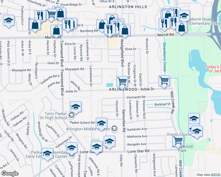 map of restaurants, bars, coffee shops, grocery stores, and more near 7614 Arble Drive in Jacksonville