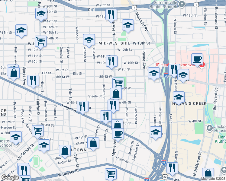 map of restaurants, bars, coffee shops, grocery stores, and more near 1333 Steele Street in Jacksonville