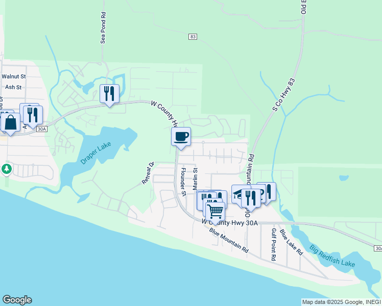 map of restaurants, bars, coffee shops, grocery stores, and more near 104 Village Boulevard in Santa Rosa Beach