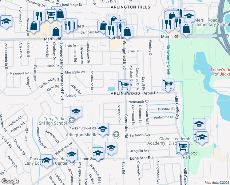 map of restaurants, bars, coffee shops, grocery stores, and more near 7614 Arble Drive in Jacksonville