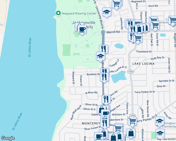map of restaurants, bars, coffee shops, grocery stores, and more near 5337 Burdette Road in Jacksonville
