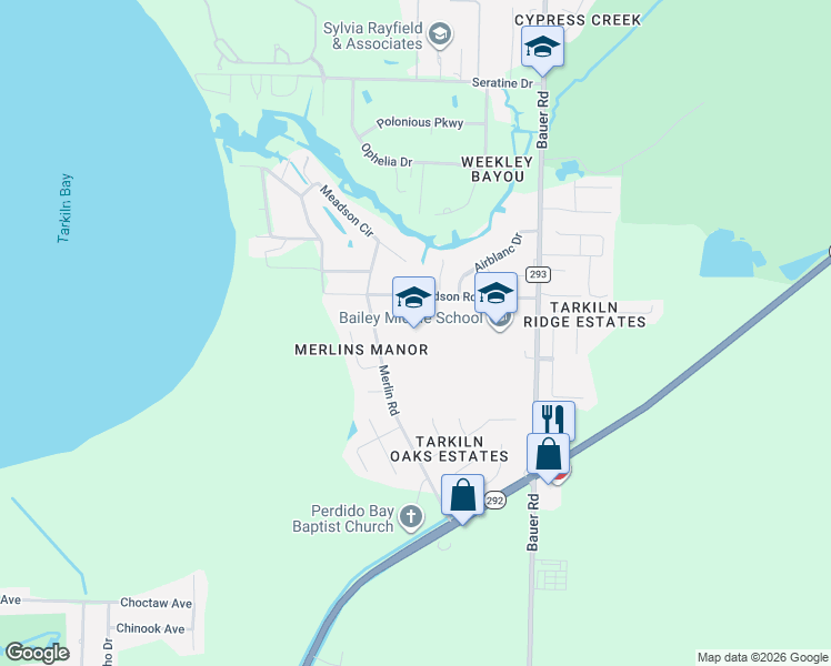map of restaurants, bars, coffee shops, grocery stores, and more near 12551 Meadson Rd in Pensacola