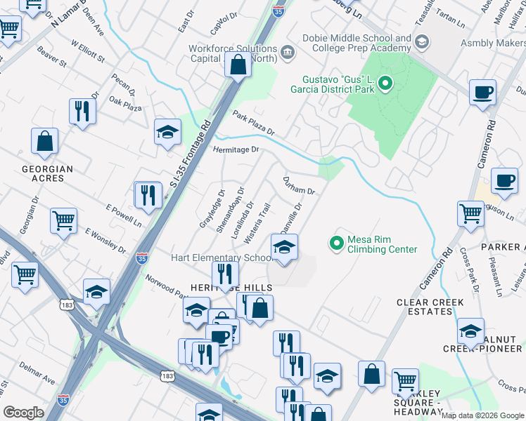 map of restaurants, bars, coffee shops, grocery stores, and more near 1022 Wisteria Trail in Austin