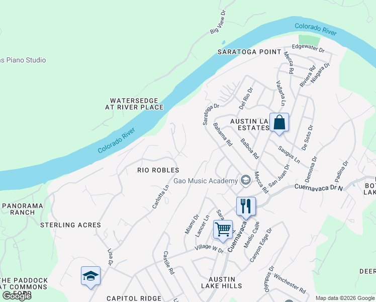 map of restaurants, bars, coffee shops, grocery stores, and more near 2000 Lipan Trail in Austin