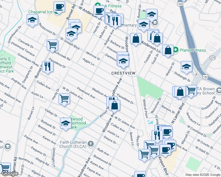 map of restaurants, bars, coffee shops, grocery stores, and more near in Austin