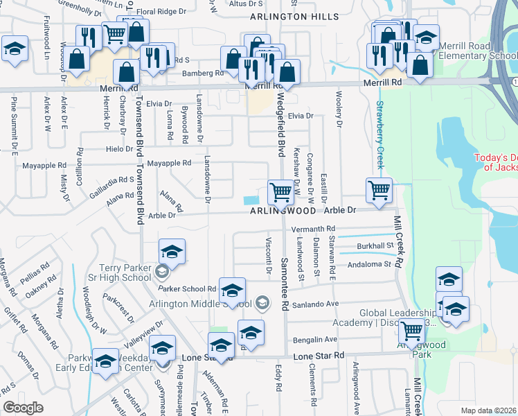 map of restaurants, bars, coffee shops, grocery stores, and more near 7614 Arble Drive in Jacksonville