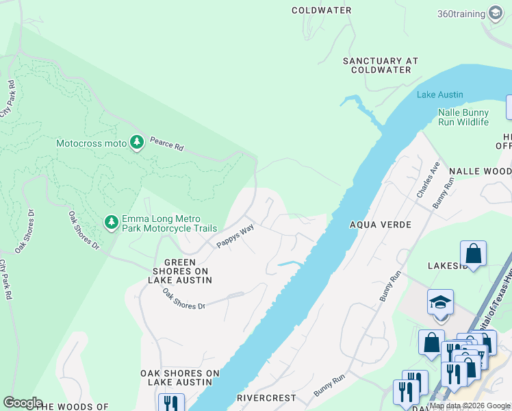 map of restaurants, bars, coffee shops, grocery stores, and more near 7112 Greenshores Drive in Austin