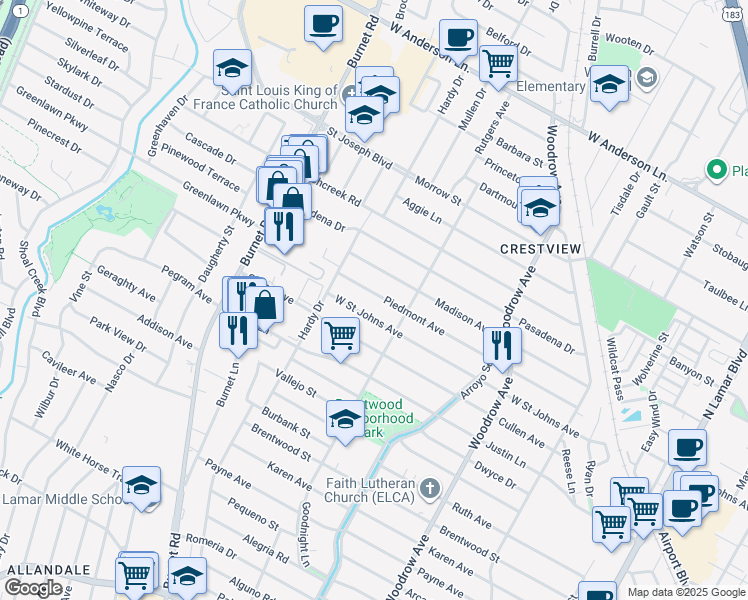 map of restaurants, bars, coffee shops, grocery stores, and more near 1817 Piedmont Avenue in Austin