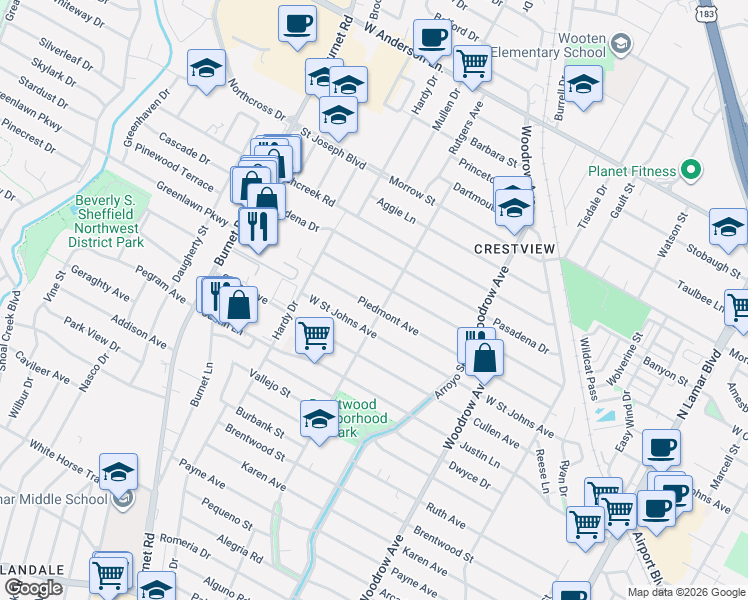 map of restaurants, bars, coffee shops, grocery stores, and more near 1719 Piedmont Avenue in Austin