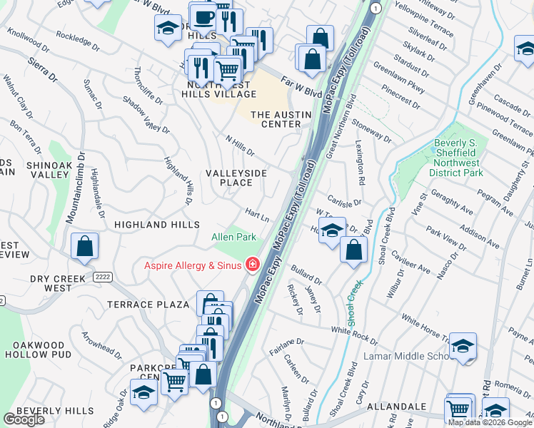 map of restaurants, bars, coffee shops, grocery stores, and more near 6501 East Hill Drive in Austin