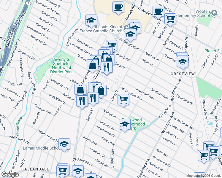 map of restaurants, bars, coffee shops, grocery stores, and more near 2009 Cullen Avenue in Austin