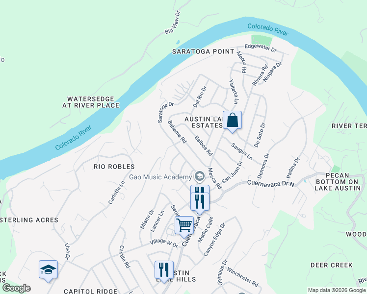 map of restaurants, bars, coffee shops, grocery stores, and more near 2218 Bahama Road in Austin