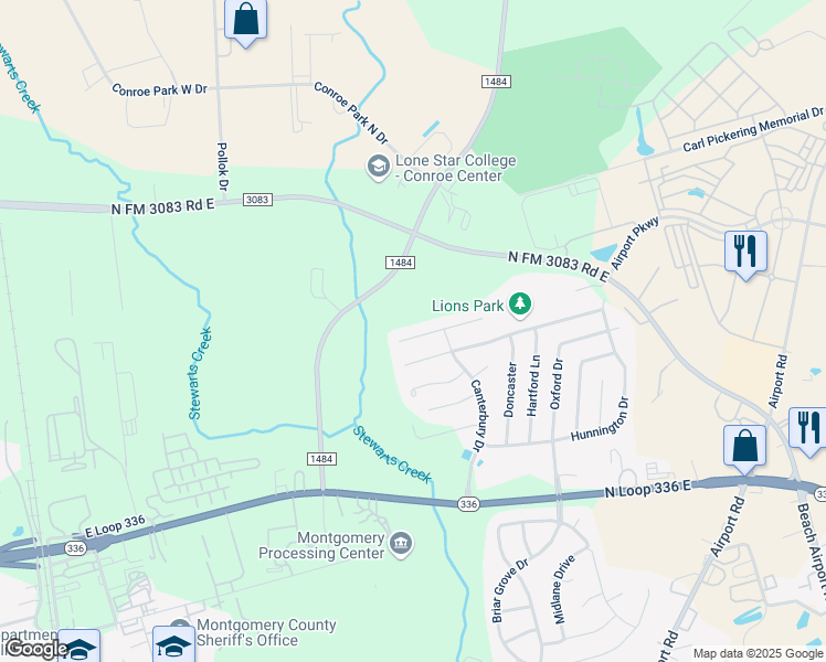 map of restaurants, bars, coffee shops, grocery stores, and more near 985 Arbor Way in Conroe