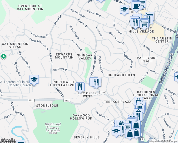map of restaurants, bars, coffee shops, grocery stores, and more near 5904 Mountainclimb Drive in Austin