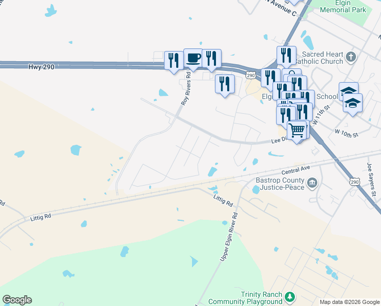 map of restaurants, bars, coffee shops, grocery stores, and more near Lake Placid Run in Elgin