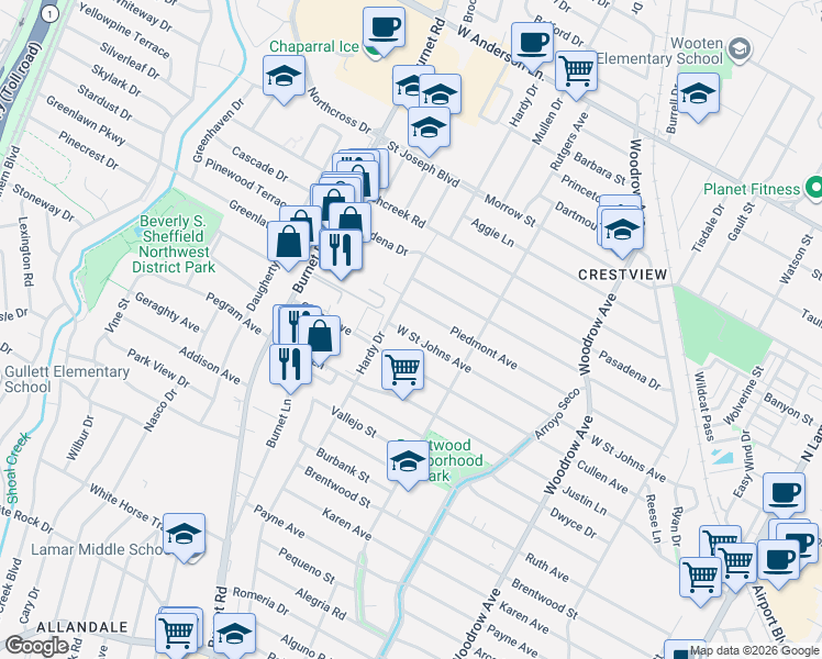 map of restaurants, bars, coffee shops, grocery stores, and more near 1908 Cullen Avenue in Austin