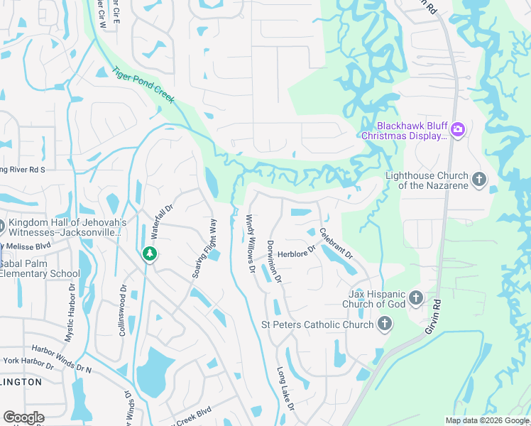 map of restaurants, bars, coffee shops, grocery stores, and more near 1257 Windy Willows Drive in Jacksonville