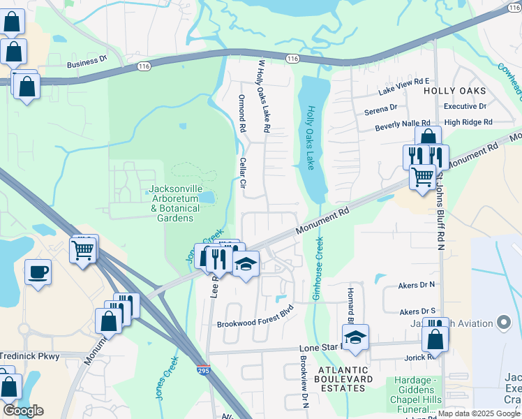 map of restaurants, bars, coffee shops, grocery stores, and more near 1473 West Holly Oaks Lake Road in Jacksonville