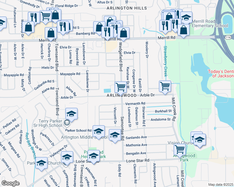 map of restaurants, bars, coffee shops, grocery stores, and more near 7614 Arble Drive in Jacksonville