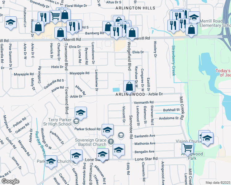 map of restaurants, bars, coffee shops, grocery stores, and more near 7614 Arble Drive in Jacksonville