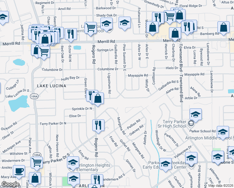 map of restaurants, bars, coffee shops, grocery stores, and more near 6620 Pine Summit Drive in Jacksonville
