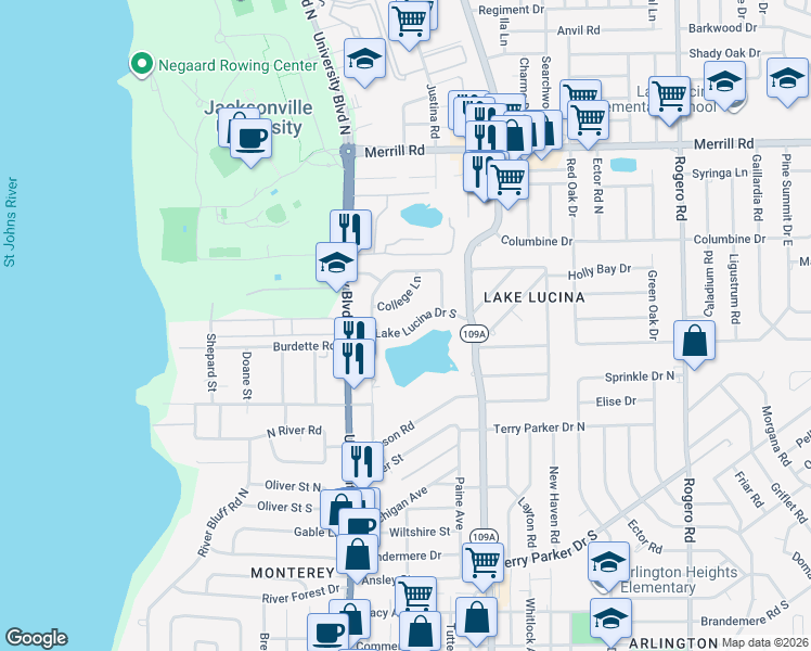 map of restaurants, bars, coffee shops, grocery stores, and more near 5758 Lake Lucina Drive North in Jacksonville