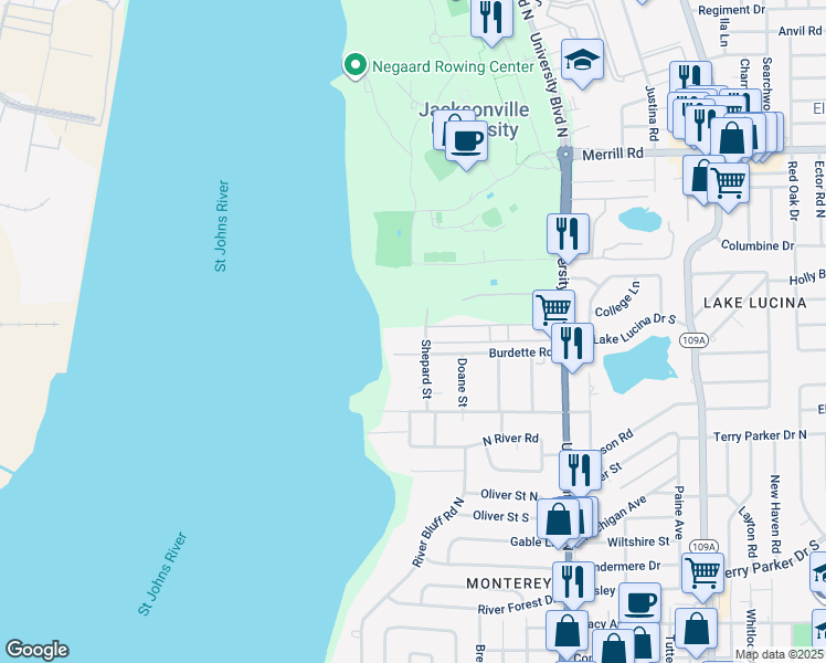 map of restaurants, bars, coffee shops, grocery stores, and more near 2240 Shepard Street in Jacksonville