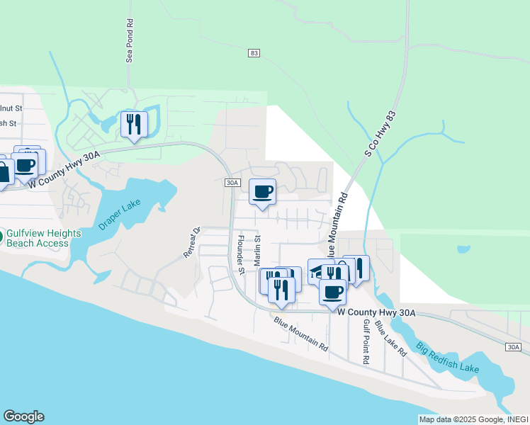 map of restaurants, bars, coffee shops, grocery stores, and more near 104 Village Boulevard in Santa Rosa Beach