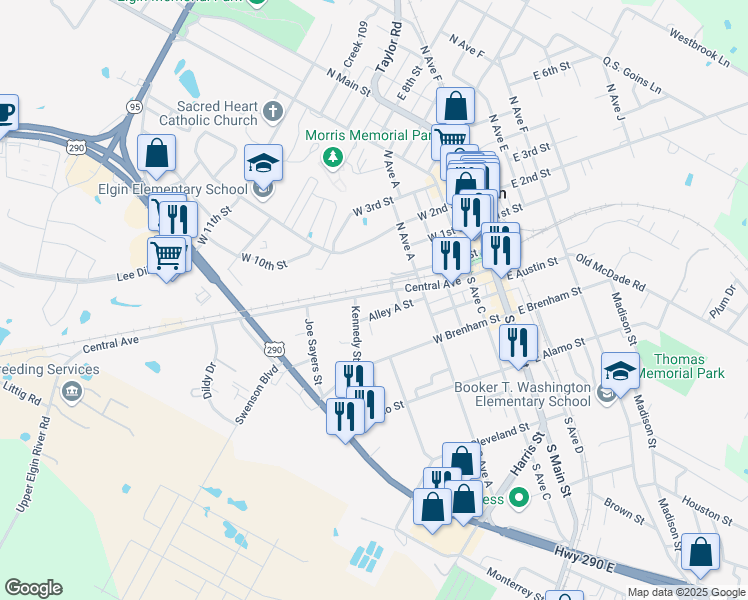 map of restaurants, bars, coffee shops, grocery stores, and more near 604 Alley A Street in Elgin