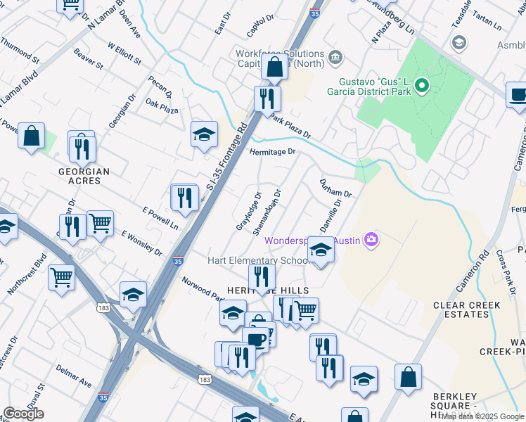 map of restaurants, bars, coffee shops, grocery stores, and more near 8307 Shenandoah Drive in Austin