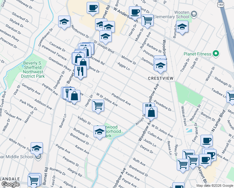 map of restaurants, bars, coffee shops, grocery stores, and more near 1719 Piedmont Avenue in Austin