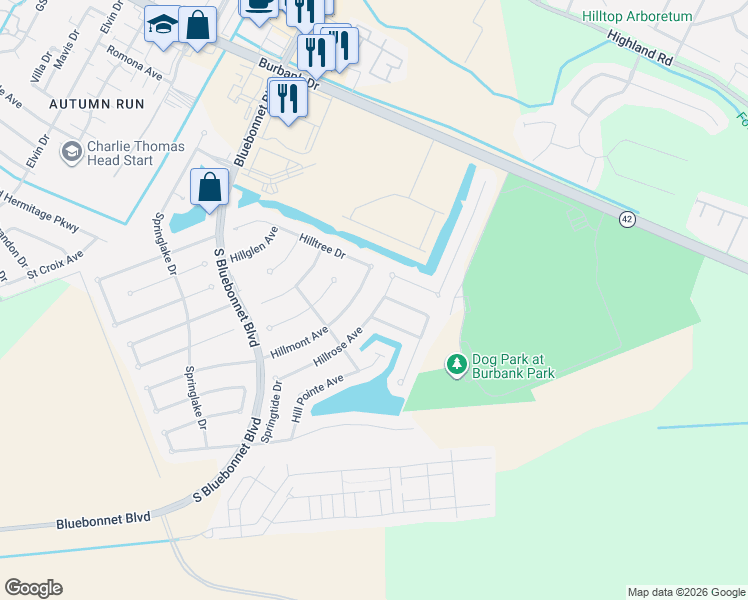 map of restaurants, bars, coffee shops, grocery stores, and more near 10751 Hillrose Avenue in Baton Rouge
