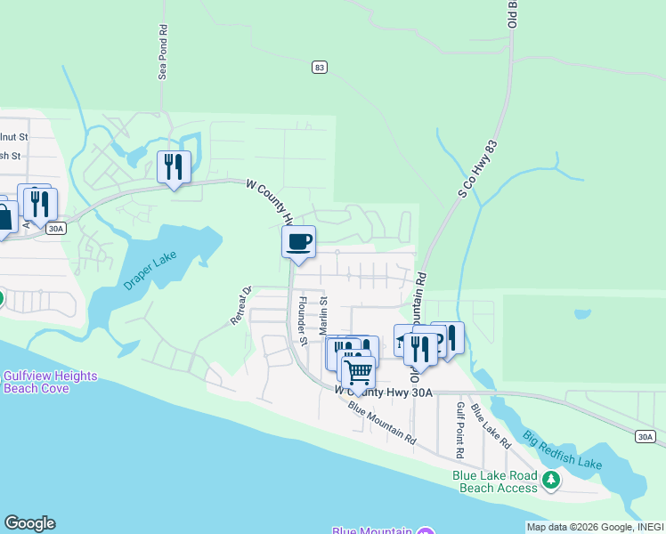 map of restaurants, bars, coffee shops, grocery stores, and more near 117 Village Boulevard in Santa Rosa Beach
