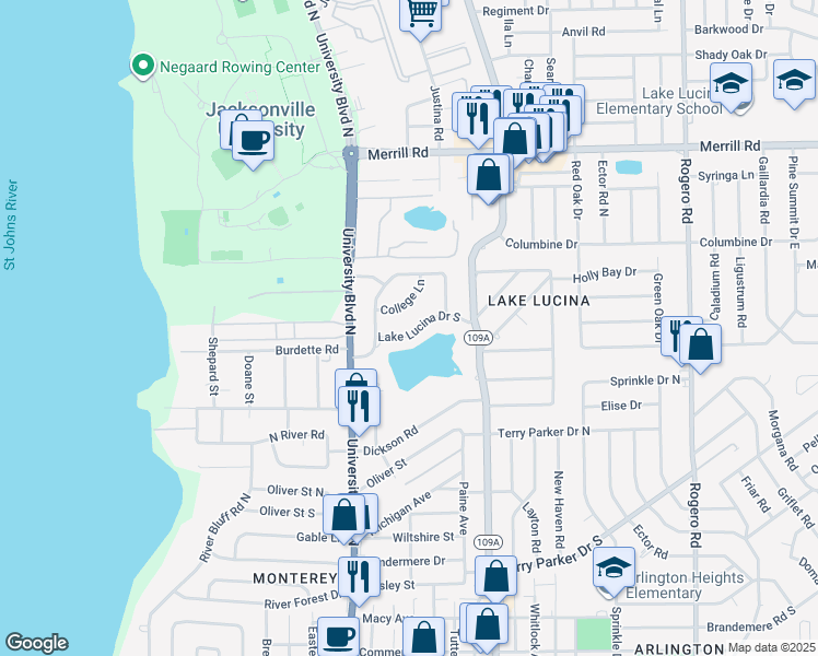 map of restaurants, bars, coffee shops, grocery stores, and more near 5758 Lake Lucina Drive North in Jacksonville