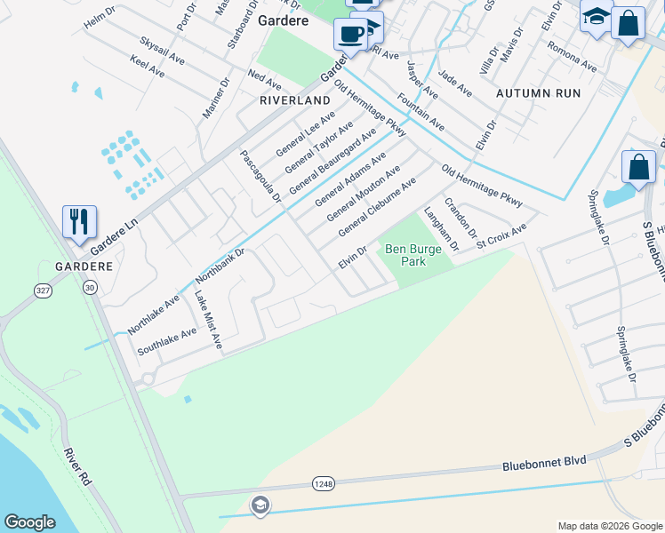 map of restaurants, bars, coffee shops, grocery stores, and more near 9391 Pascagoula Drive in Baton Rouge