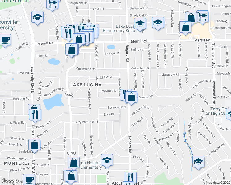 map of restaurants, bars, coffee shops, grocery stores, and more near 6330 Eastwood Lane in Jacksonville