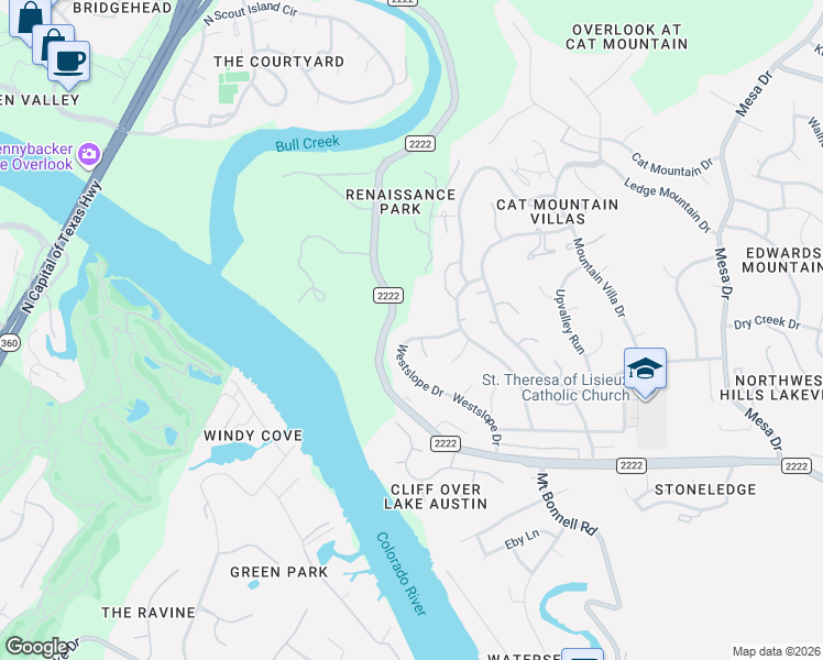 map of restaurants, bars, coffee shops, grocery stores, and more near 5844 Westslope Drive in Austin