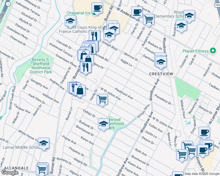 map of restaurants, bars, coffee shops, grocery stores, and more near 1901 Piedmont Avenue in Austin