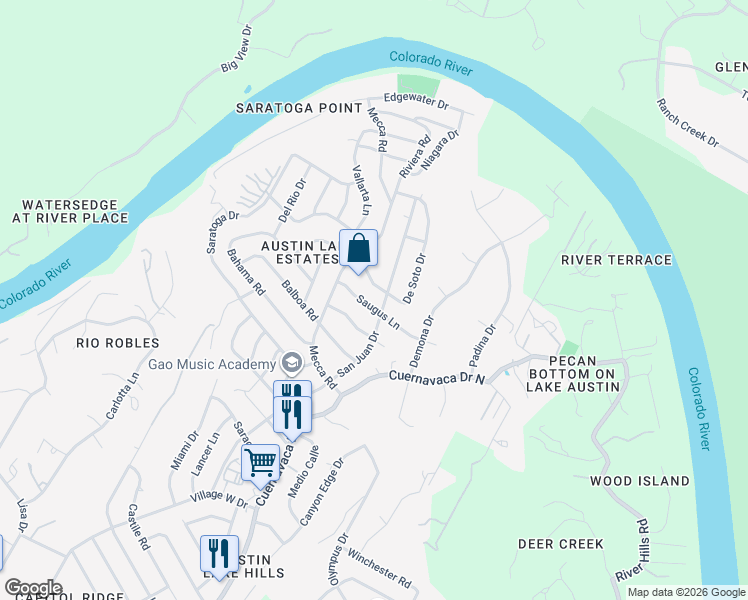 map of restaurants, bars, coffee shops, grocery stores, and more near 9702 Saugus Lane in Austin