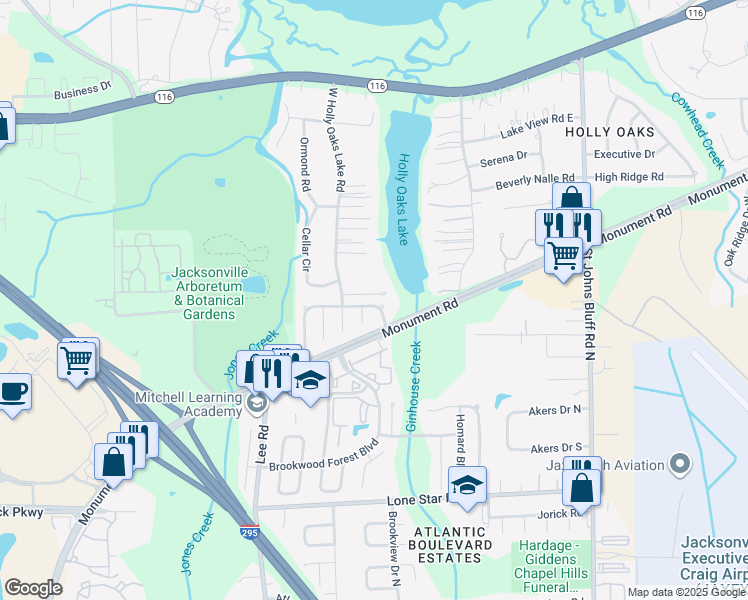 map of restaurants, bars, coffee shops, grocery stores, and more near 1535 West Holly Oaks Lake Road in Jacksonville