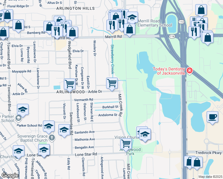 map of restaurants, bars, coffee shops, grocery stores, and more near 8049 Congaree Court North in Jacksonville