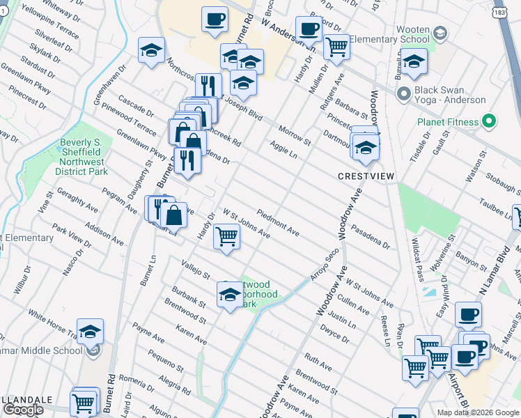 map of restaurants, bars, coffee shops, grocery stores, and more near 1903 Madison Avenue in Austin
